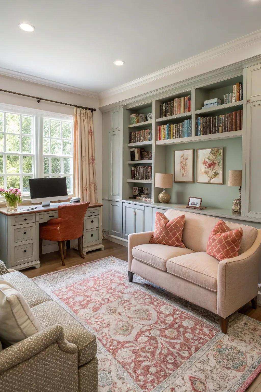 A balanced color plan joins the living room and office.