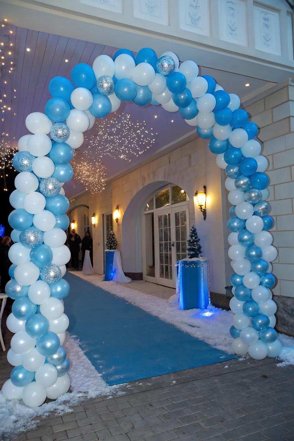 A balloon arch extends a welcoming gesture to attendees entering a winter dreamscape.