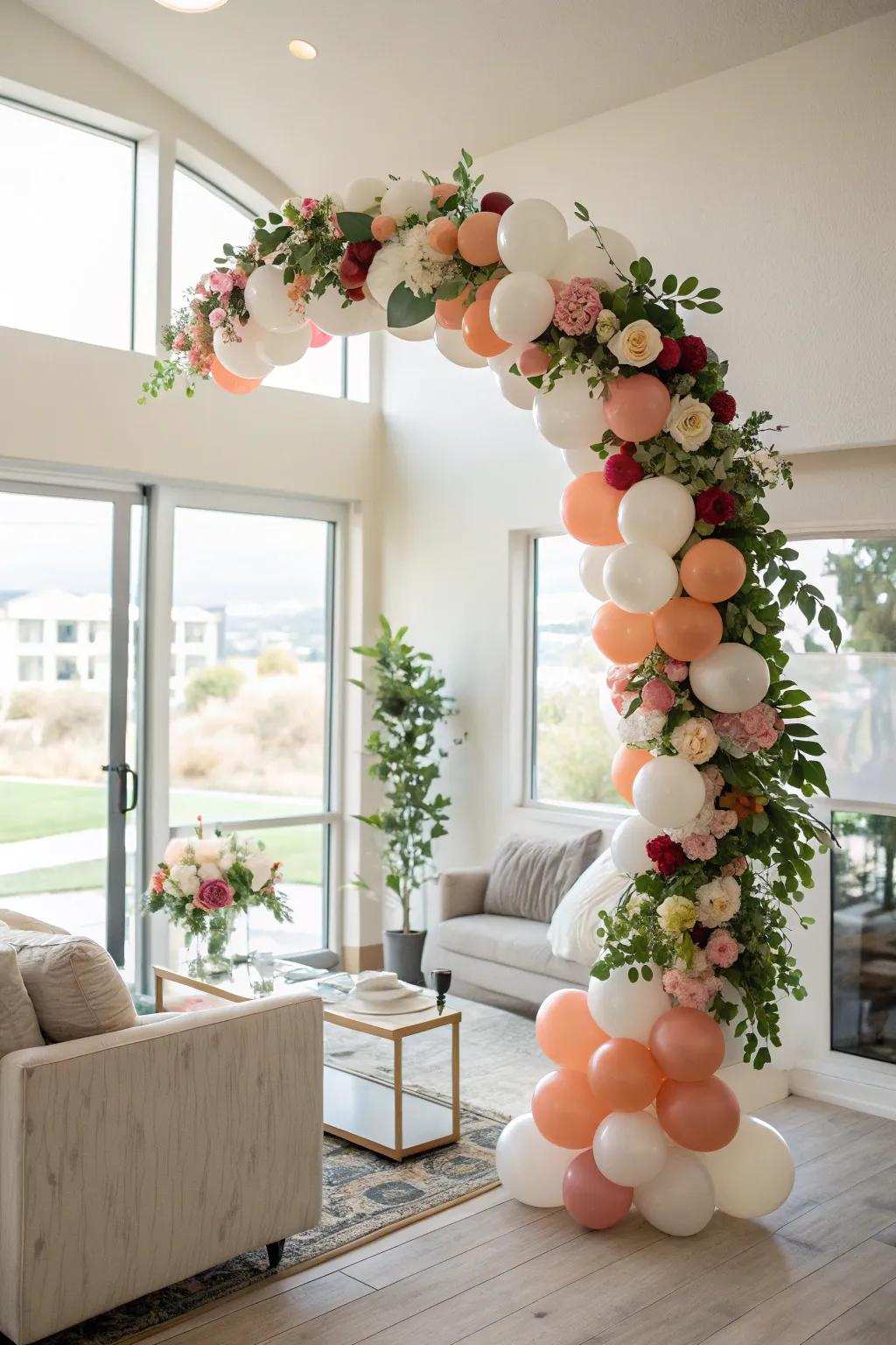 A balloon arrangement with a floral enhancement makes an impressive entrance.