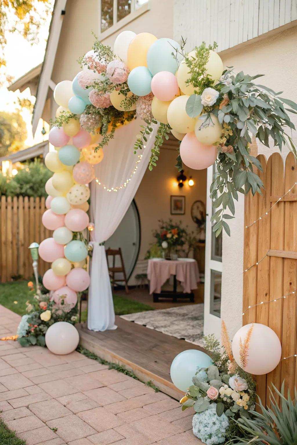 A balloon garland in gentle shades establishes a fanciful atmosphere.