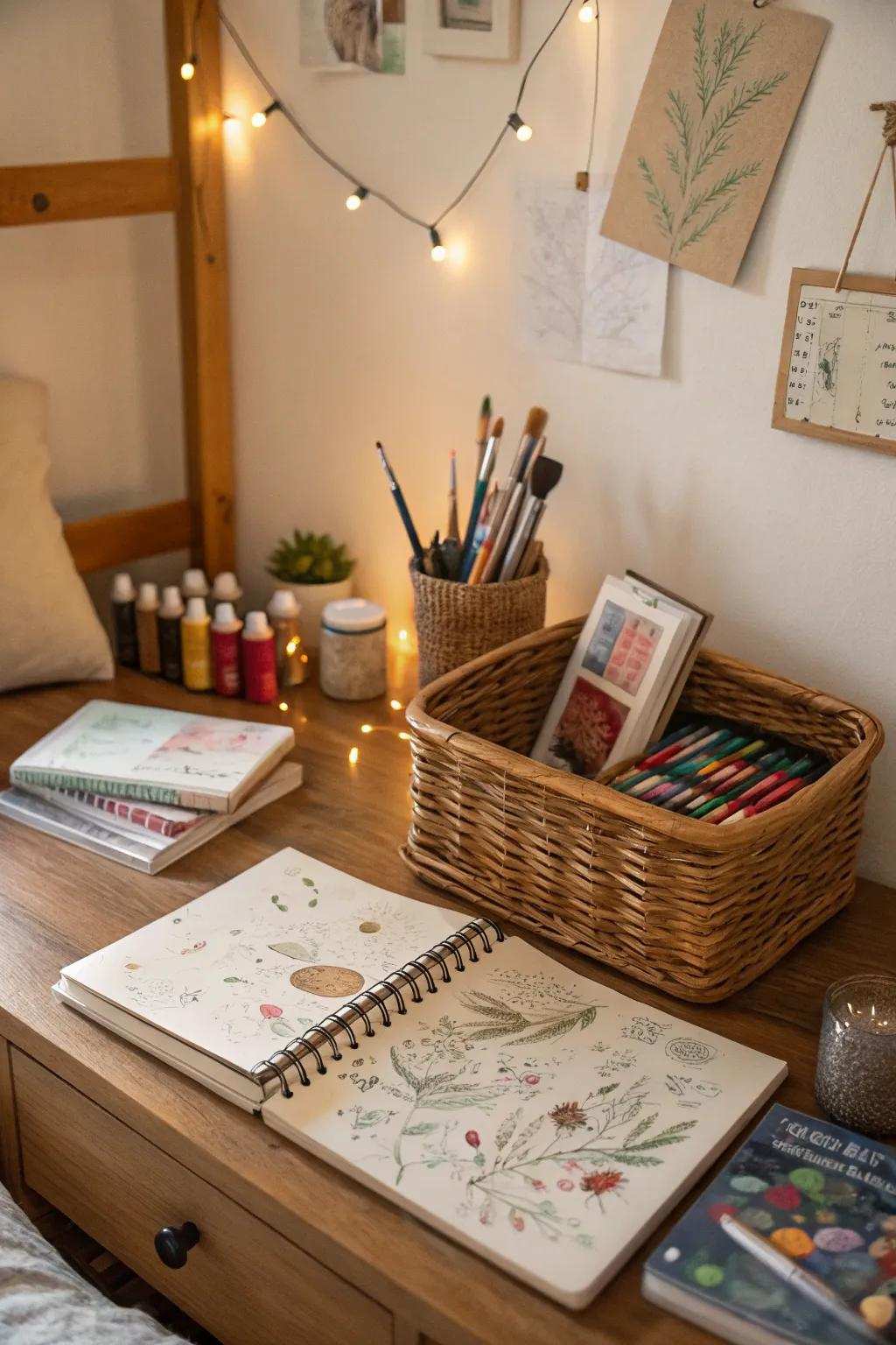 A basket maintains organized art supplies and keeps your creative space tidy.