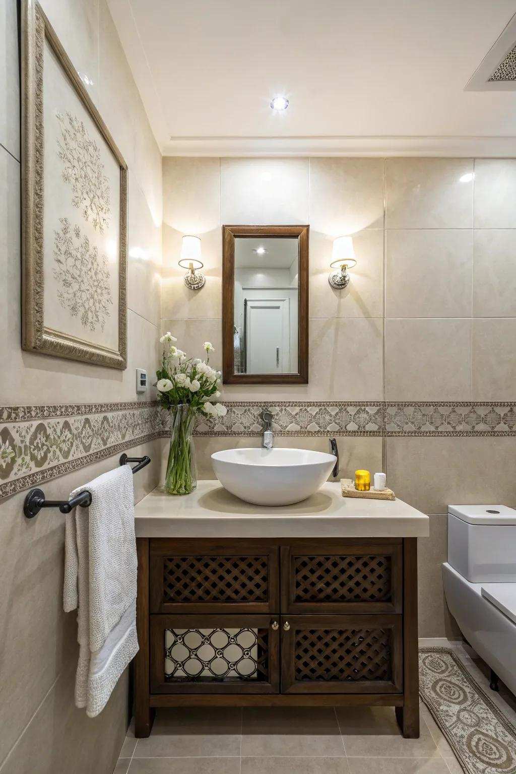 A bathroom featuring a stylish sink and minimalistic decor.