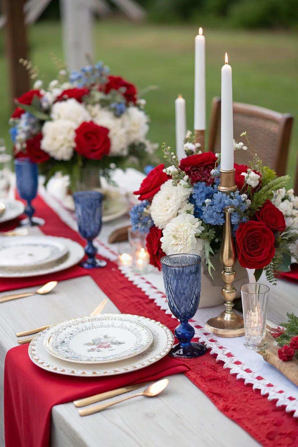 A beautifully arranged table setting, perfectly embodying the spirit of the 4th of July.