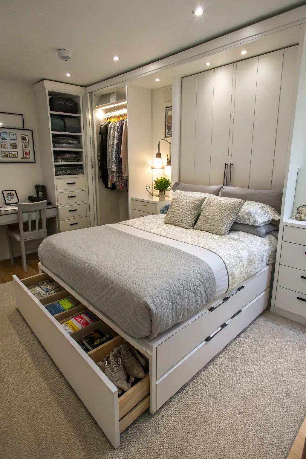 A bed with storage included maximizes space in a small room.