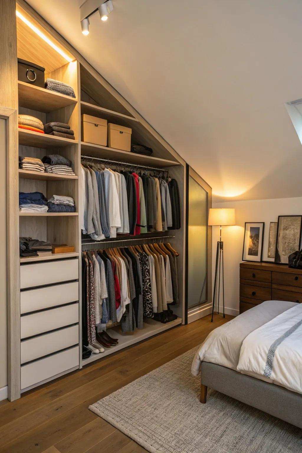 A bedroom can feel more like a boutique with open wardrobes.
