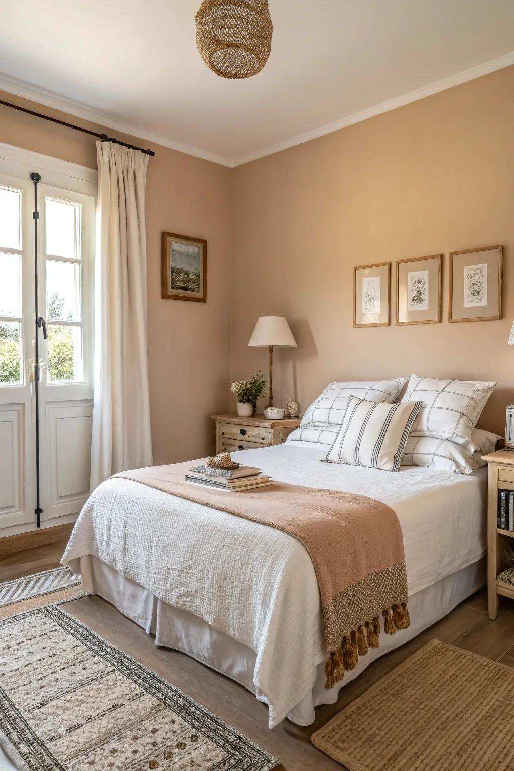 A bedroom featuring serene hues, perfect for creating a peaceful setting.
