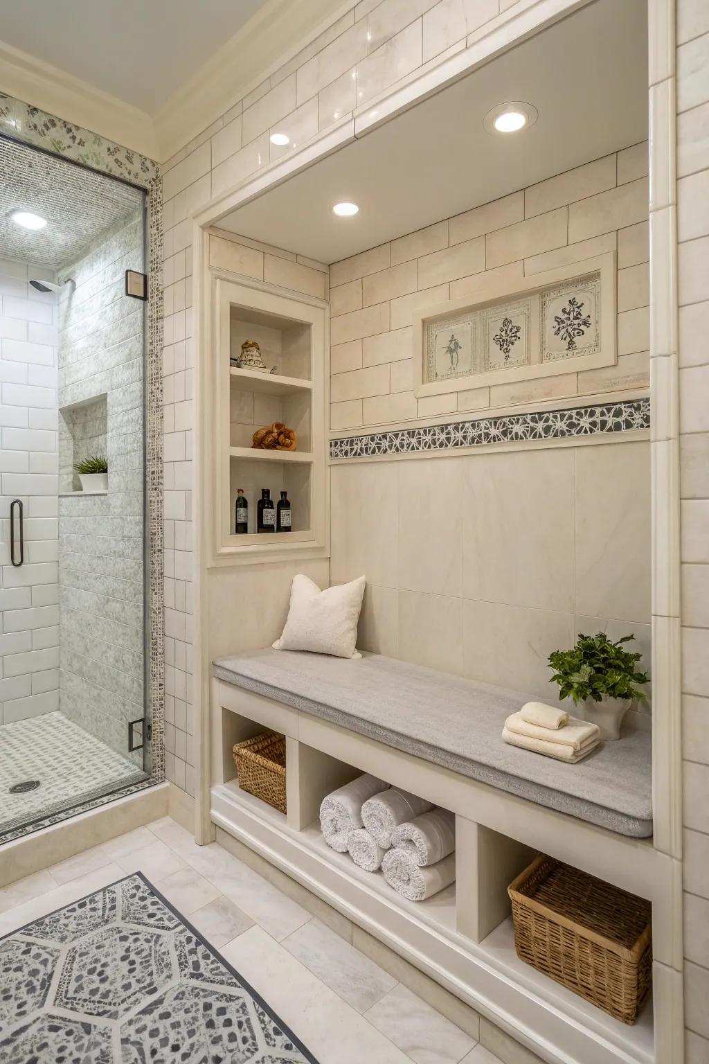 A bench incorporating shelves provides both seating and storage inside the shower.