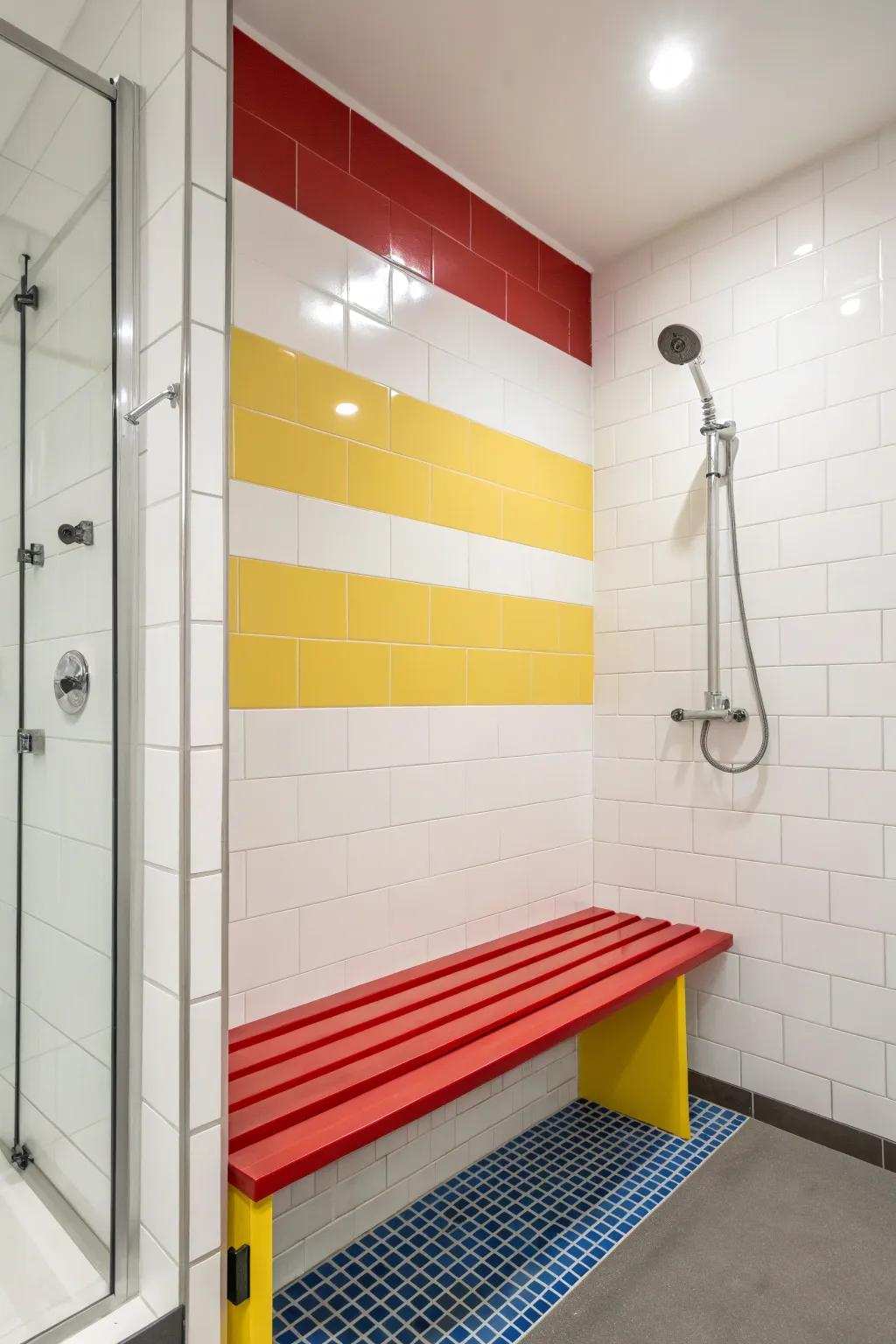 A bench with contrasting color works as a striking center point inside the shower.