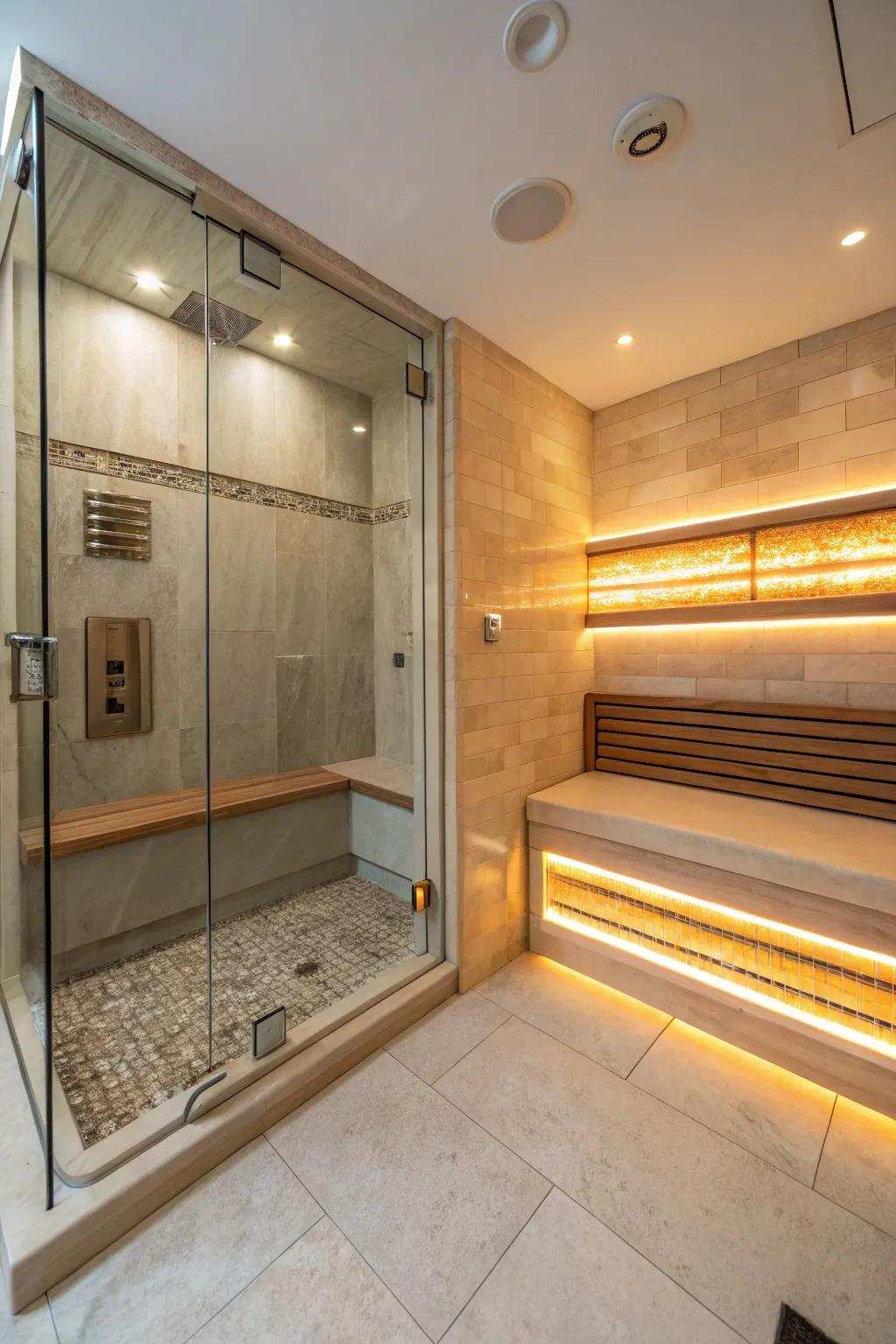 A bench with heat offers year-round comfort inside the walk-in shower.