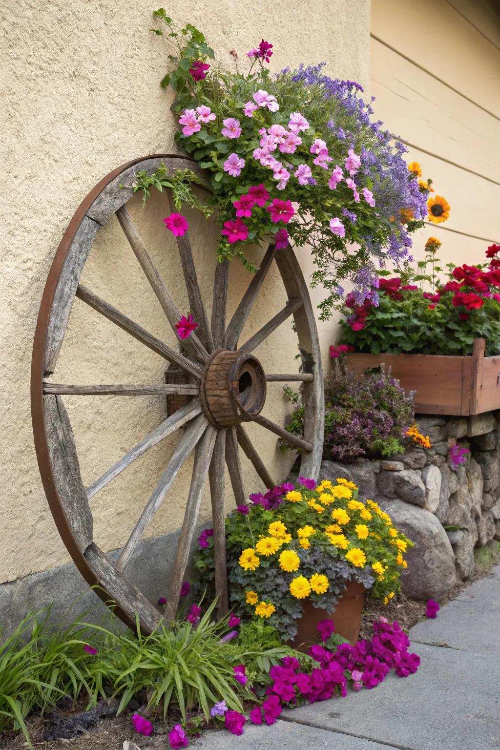 A bloom-decorated cart wheel bursts with color and appeal.