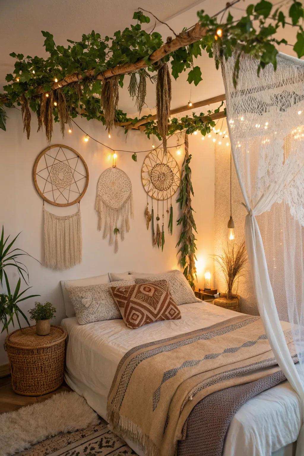 A bohemian grapevine arrangement introduces a dreamy accent to a bedroom.