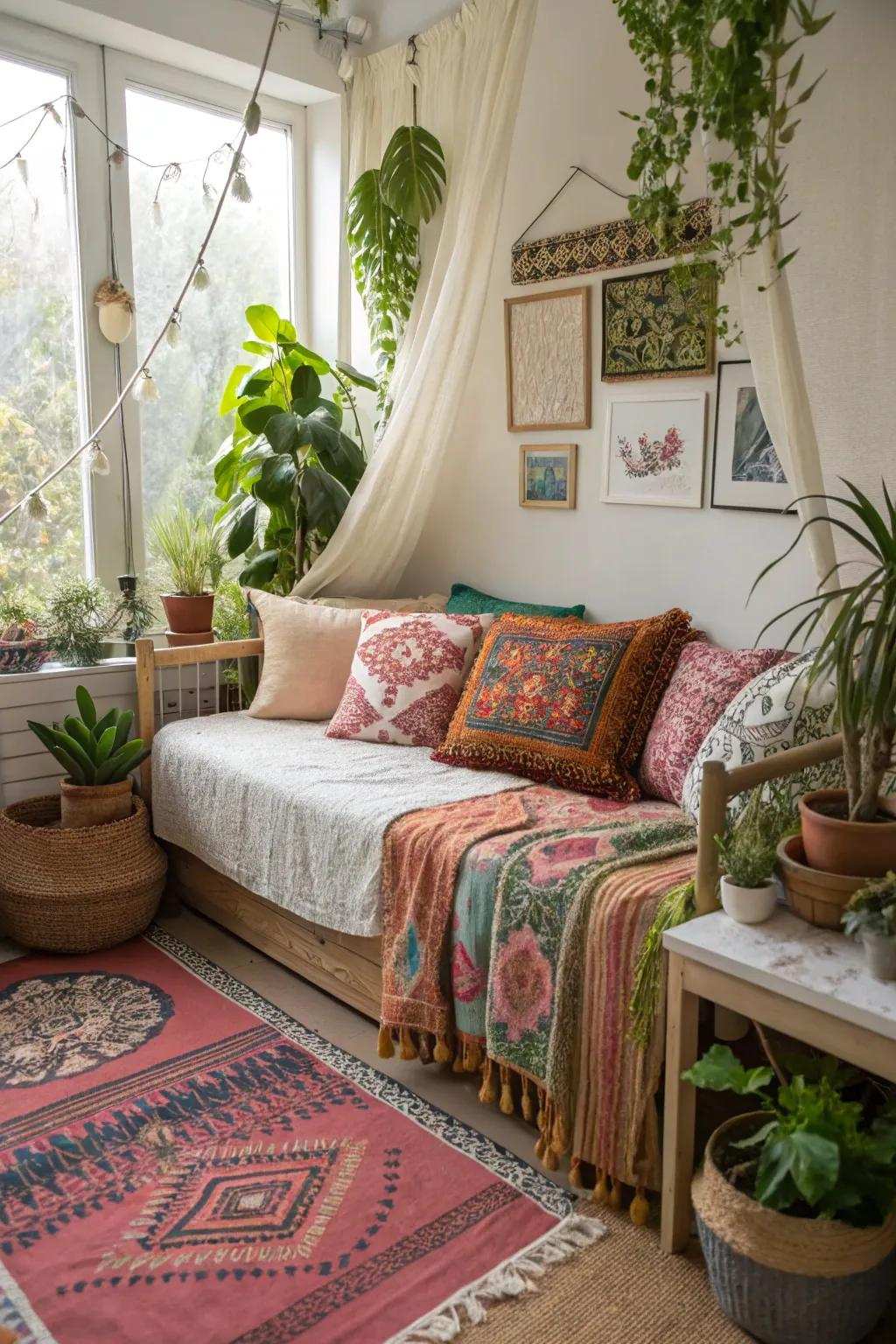A boho daybed adds warmth and character to your home office.