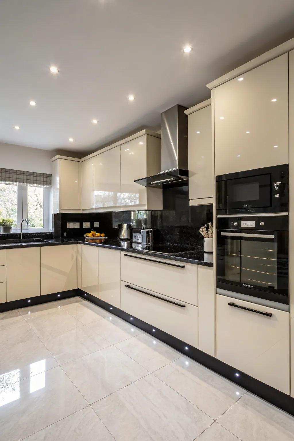 A bold limited color scheme adding sophistication to a cream gloss kitchen.