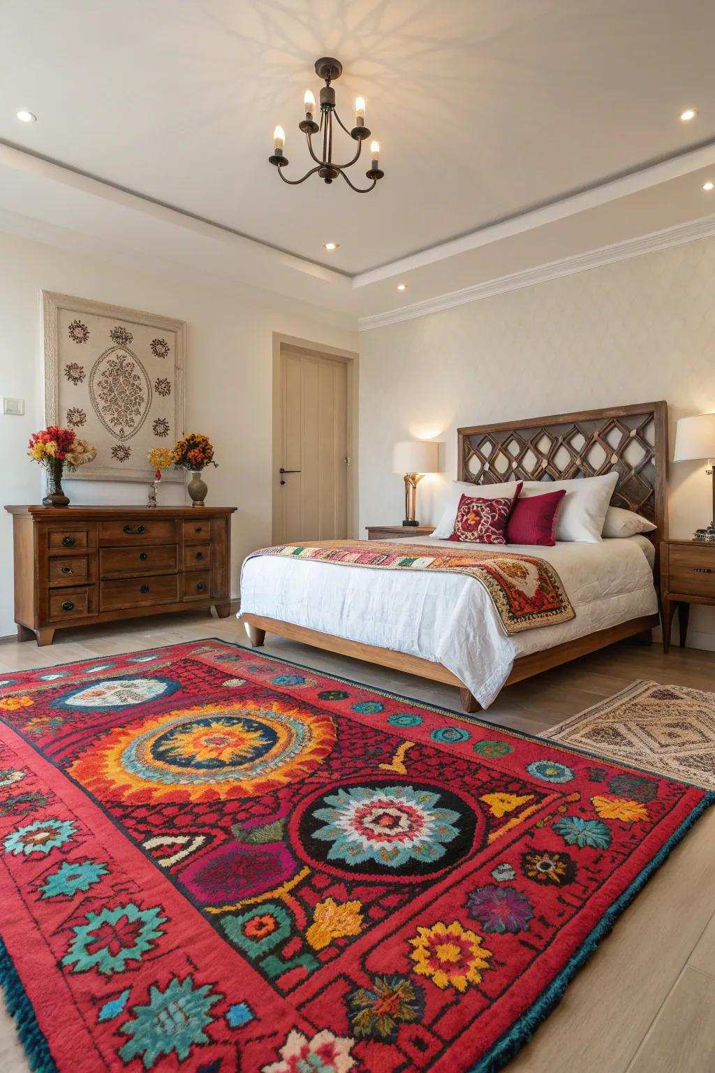 A bold rug is a grounding element in design.