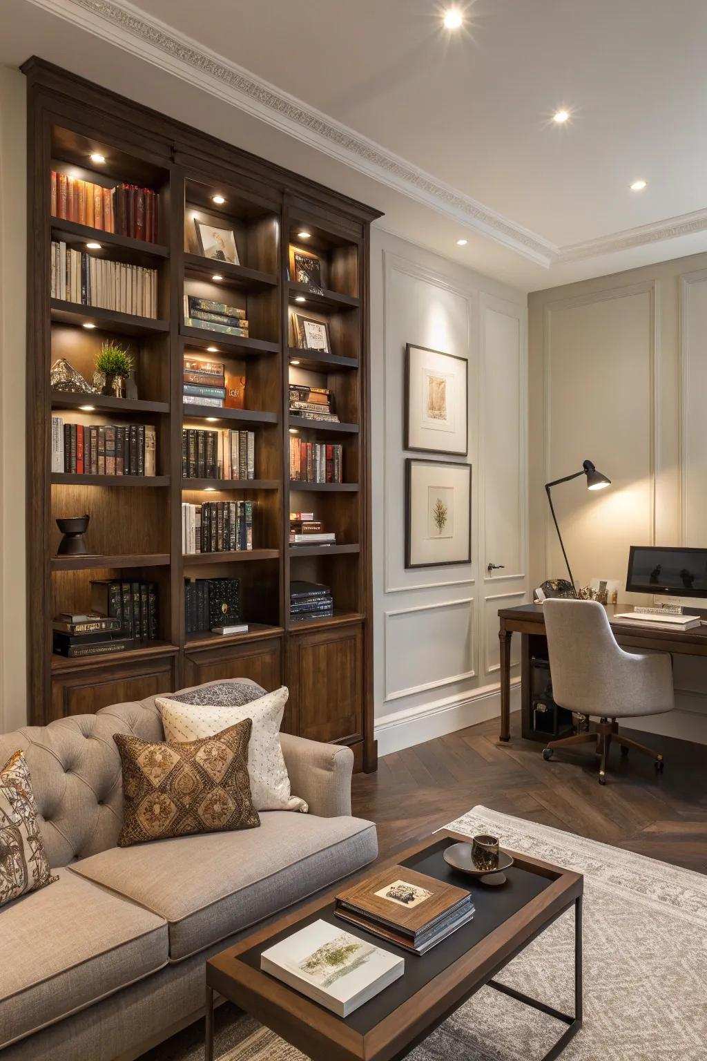 A bookshelf works as both storage and a wall.