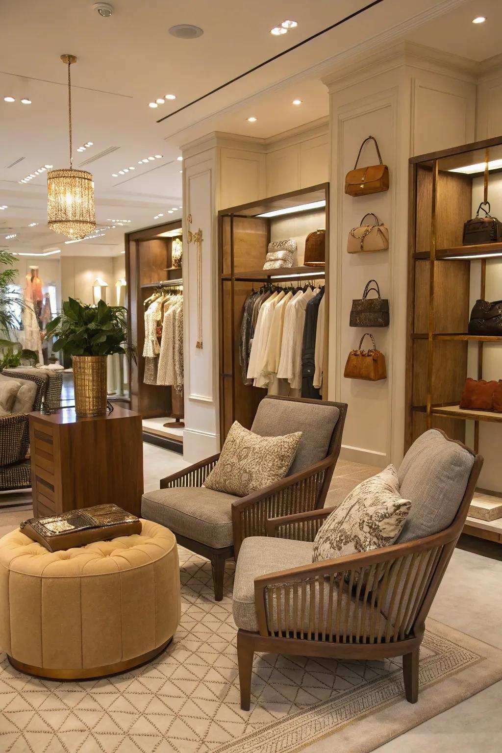 A boutique interior featuring comfortable seating zones, encouraging relaxation and extended visits.