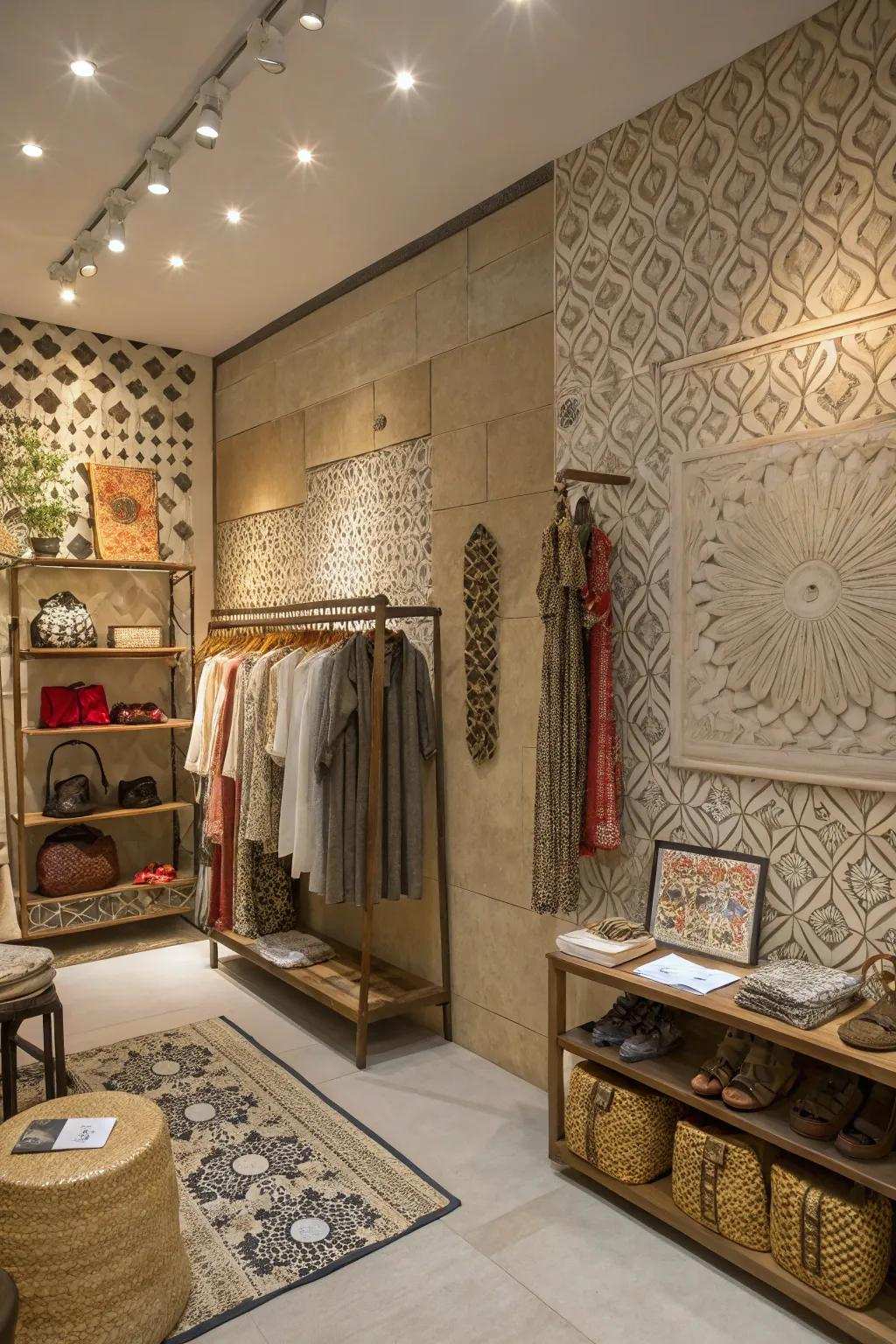 A boutique interior featuring textured walls, introducing dimension and visual appeal to the space.