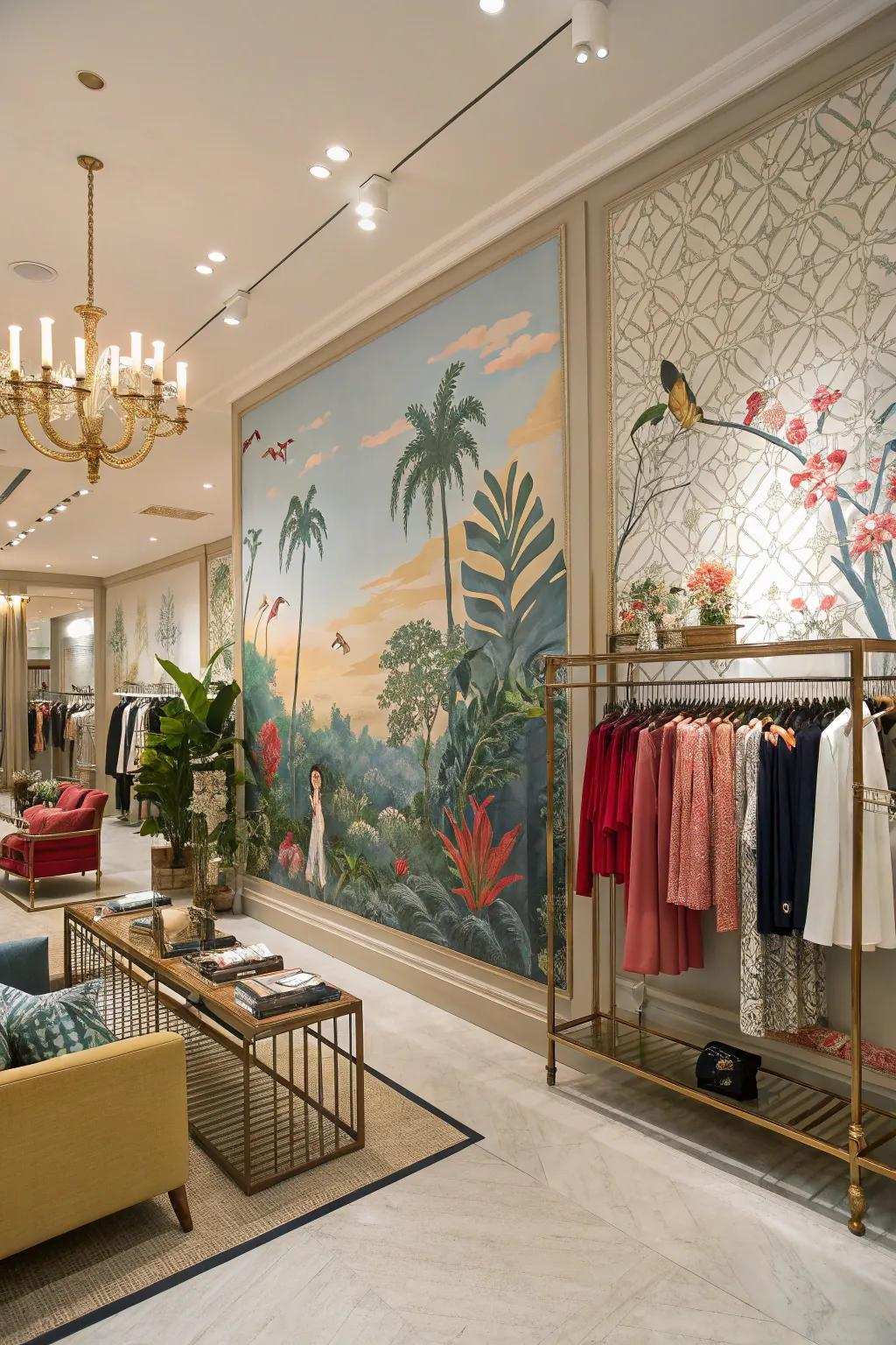 A boutique interior showcasing a stunning wall painting, adding dimension and visual appeal to the space.