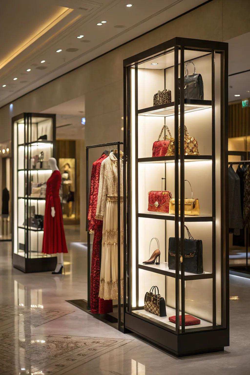 A boutique interior with backlit displays, spotlighting product features and adding dramatic flair.