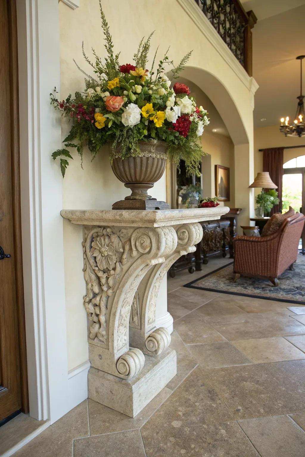 A bracket console provides a fashionable accent in the hallway.