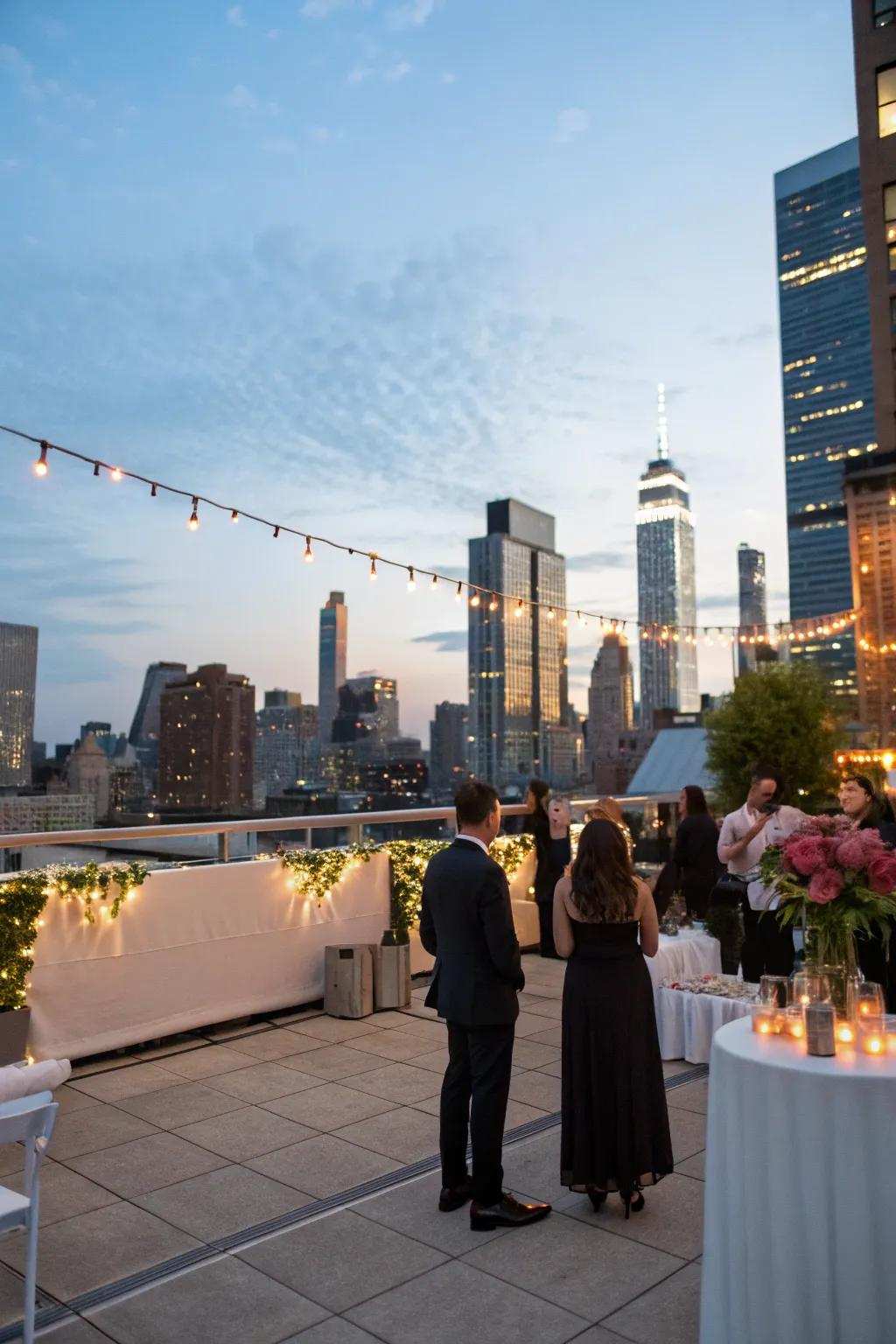 A breathtaking elevated venue celebration arrangement featuring city vistas.