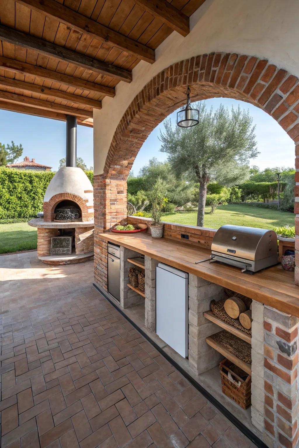 A brick passageway featuring a pizza oven introduces country-inspired charm to your cooking area.