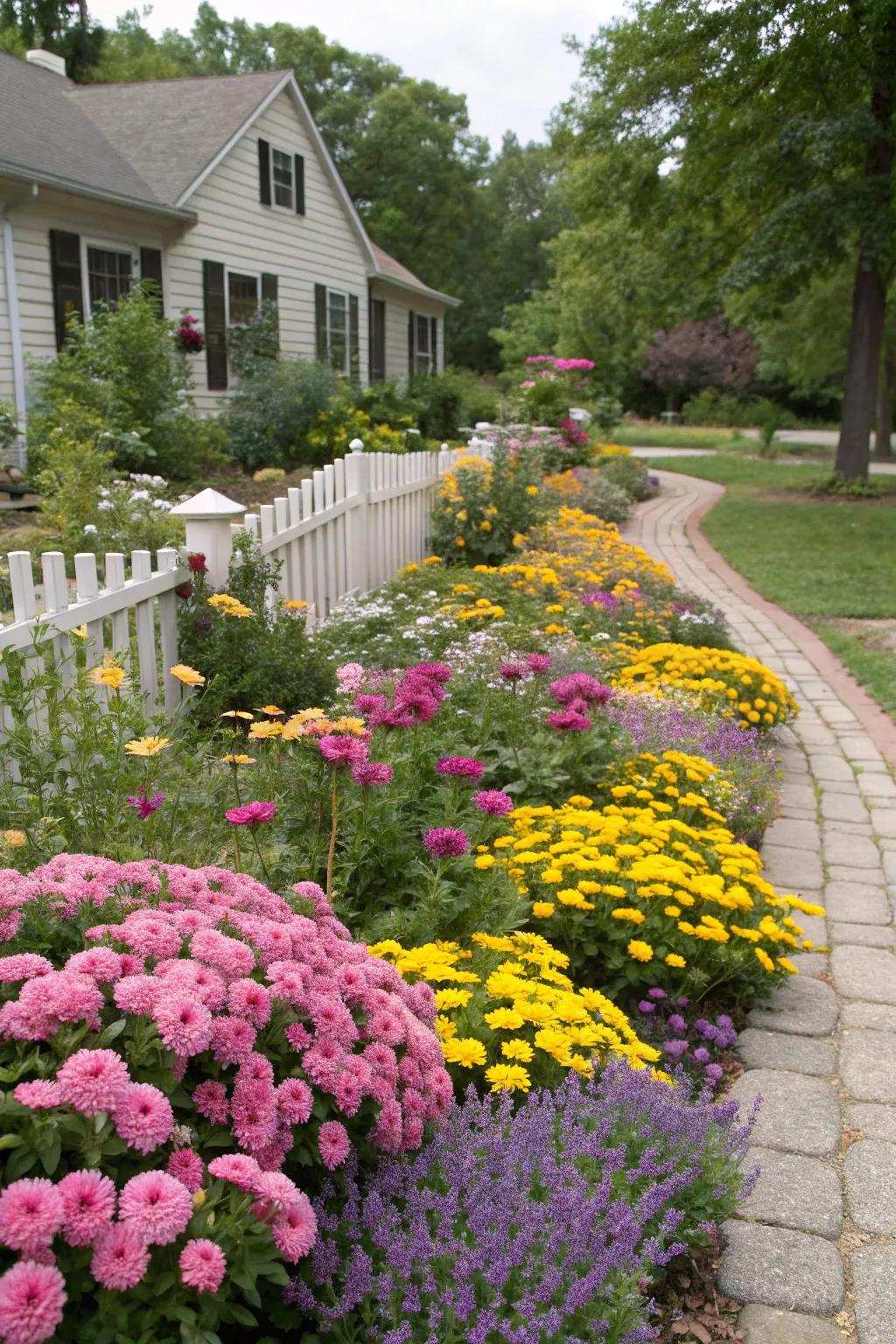 A burst of color from vibrant flowers in a front garden.