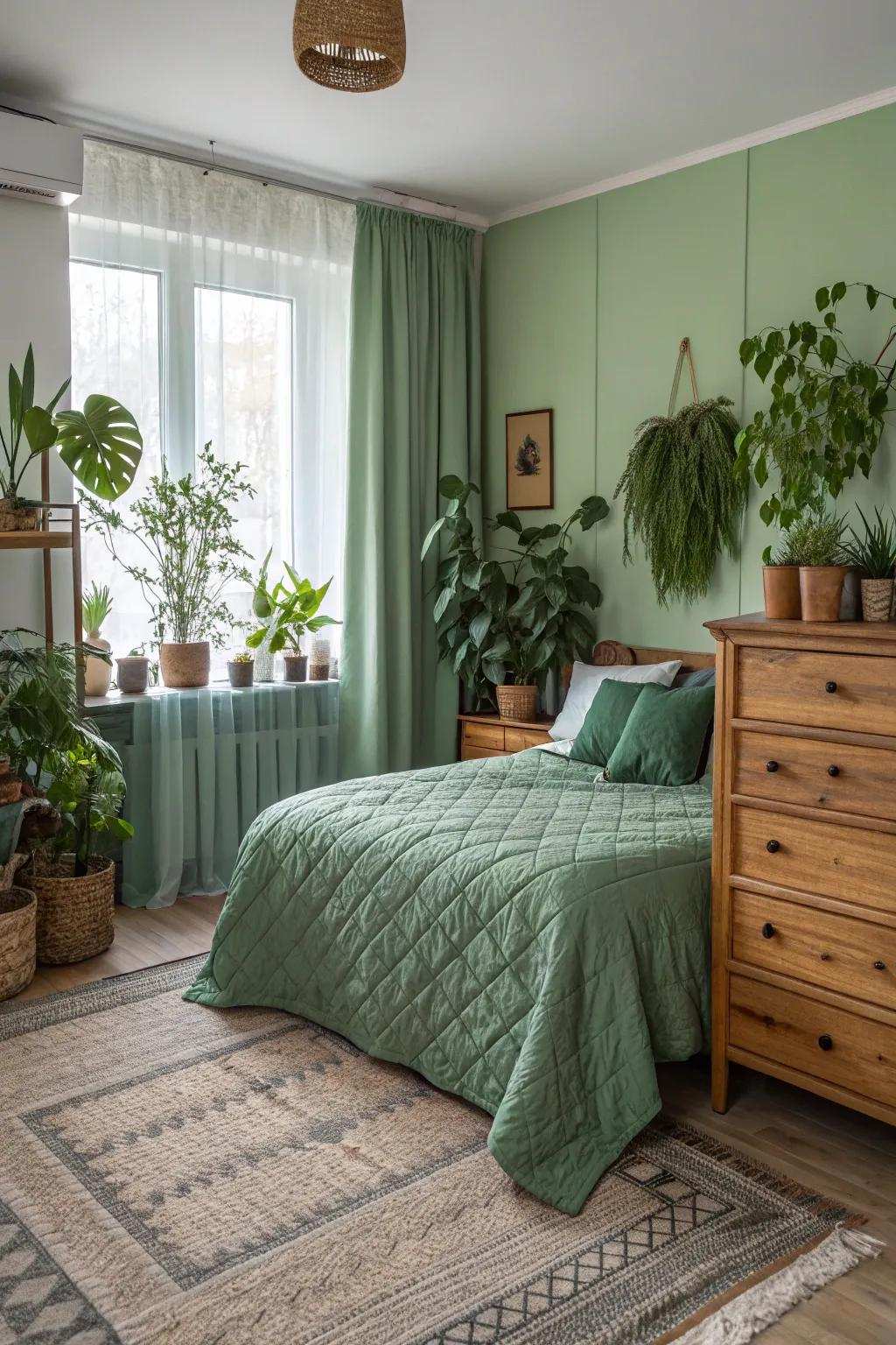 A calming bedroom with verdant elements and organic decor for a serene feel.