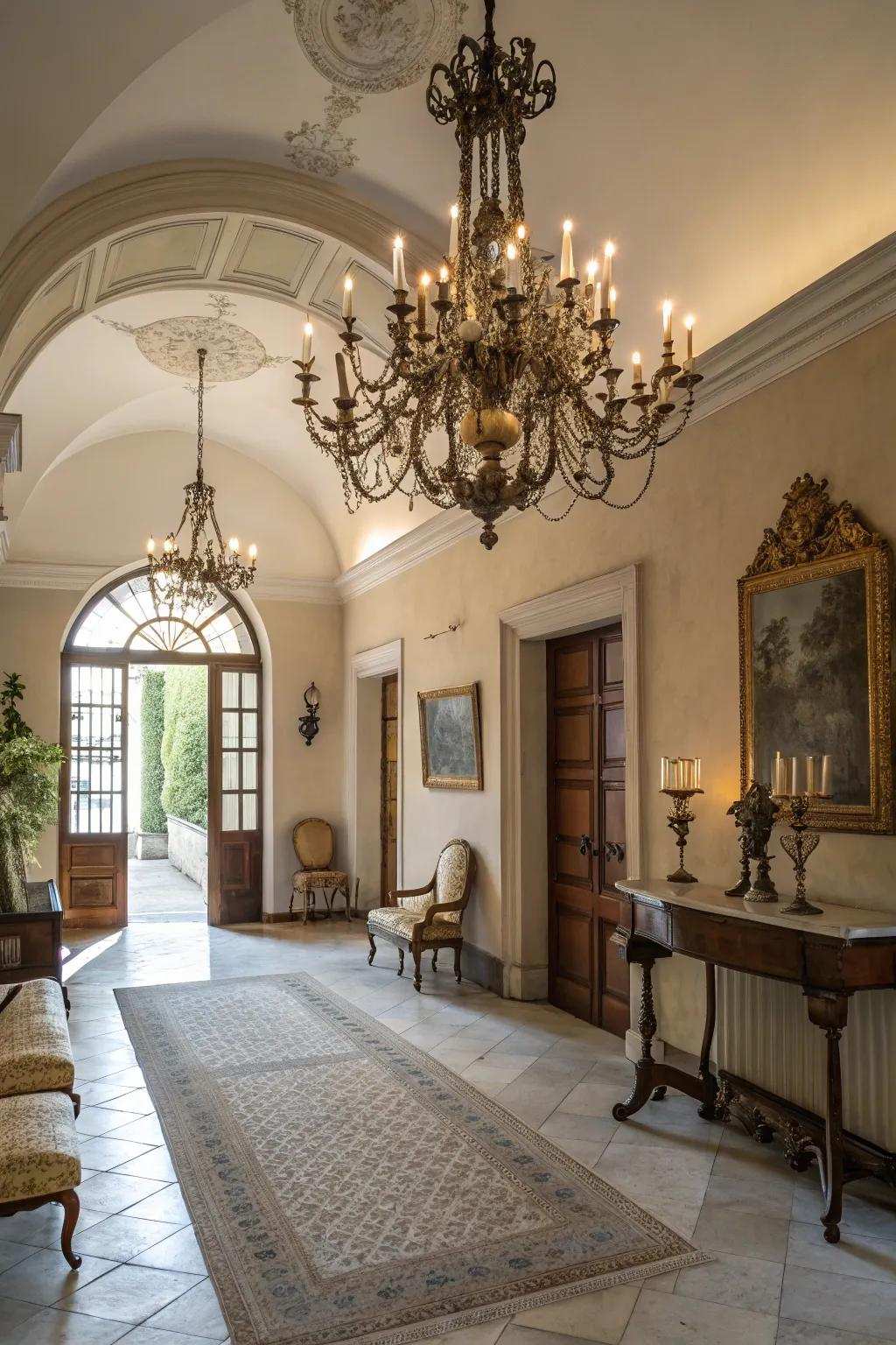 A candelabra chandelier brings vintage charm to this classic entrance hall.