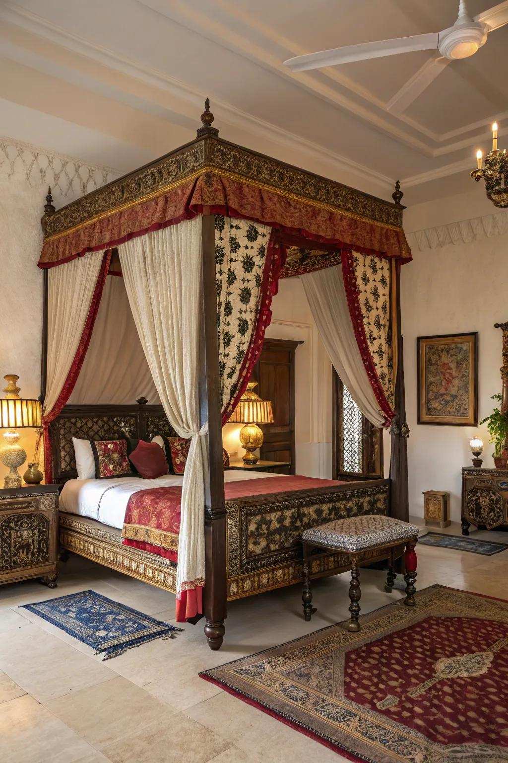 A canopy adds a majestic feel to the bedroom.