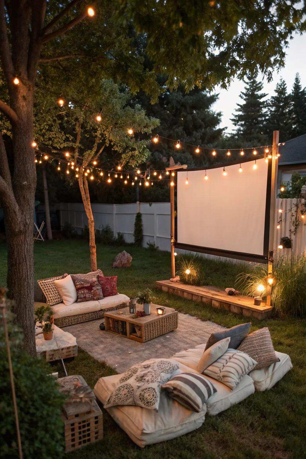 A captivating backyard setting converted for a movie night under the stars.