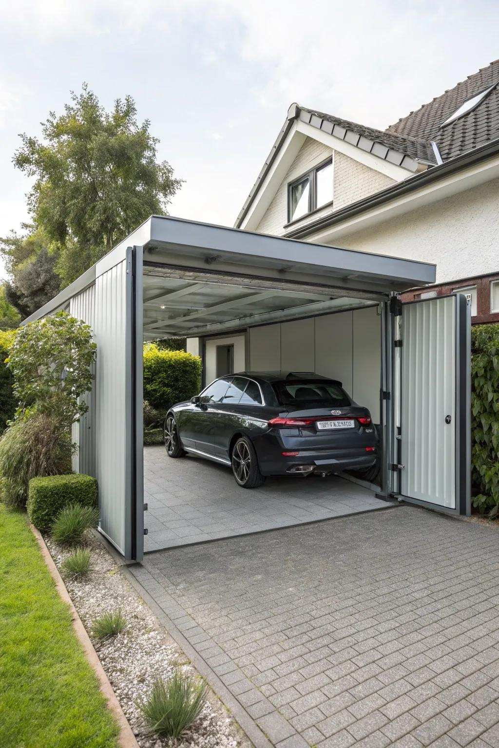 A carport with bi-fold doors that demonstrates a design that is both space-saving and efficient.