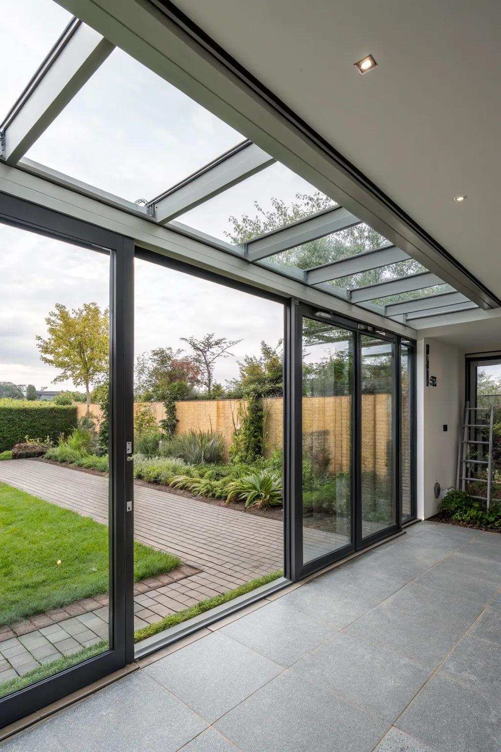 A carport with eco-friendly doors that demonstrates a dedication to environmentally friendly design.