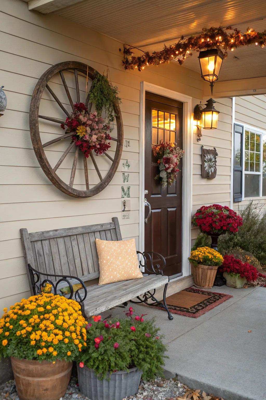 A cart wheel adds an inviting touch to this delightful entranceway.