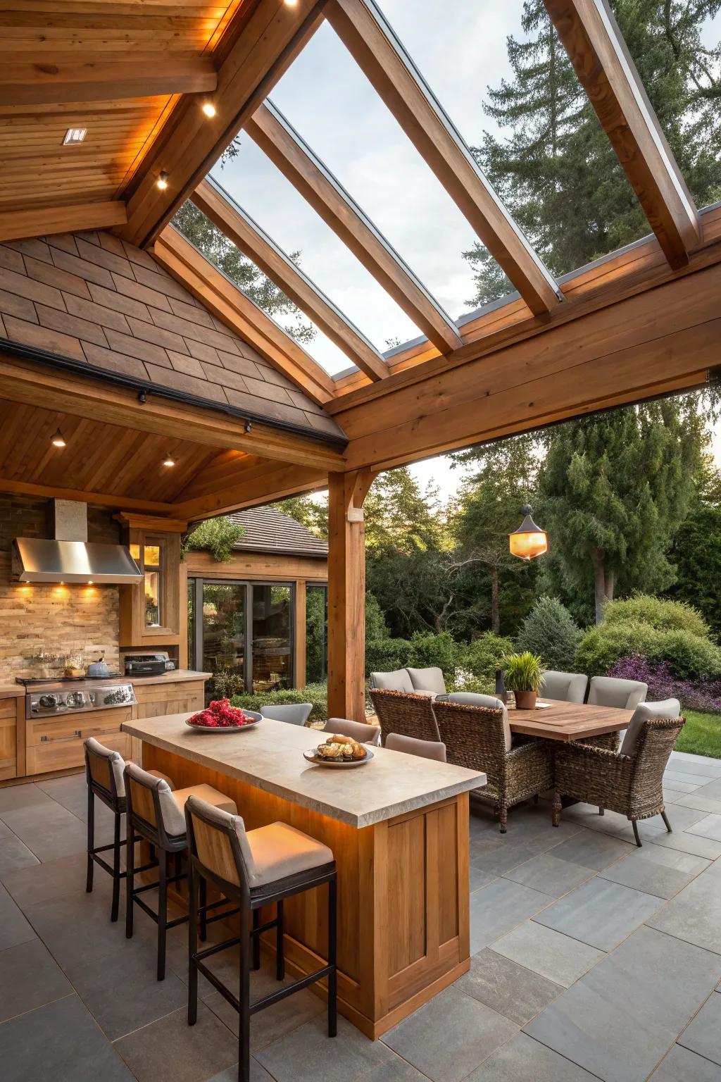 A cedar roofing with clear panels elevates the inherent charm of your open-air cooking area.