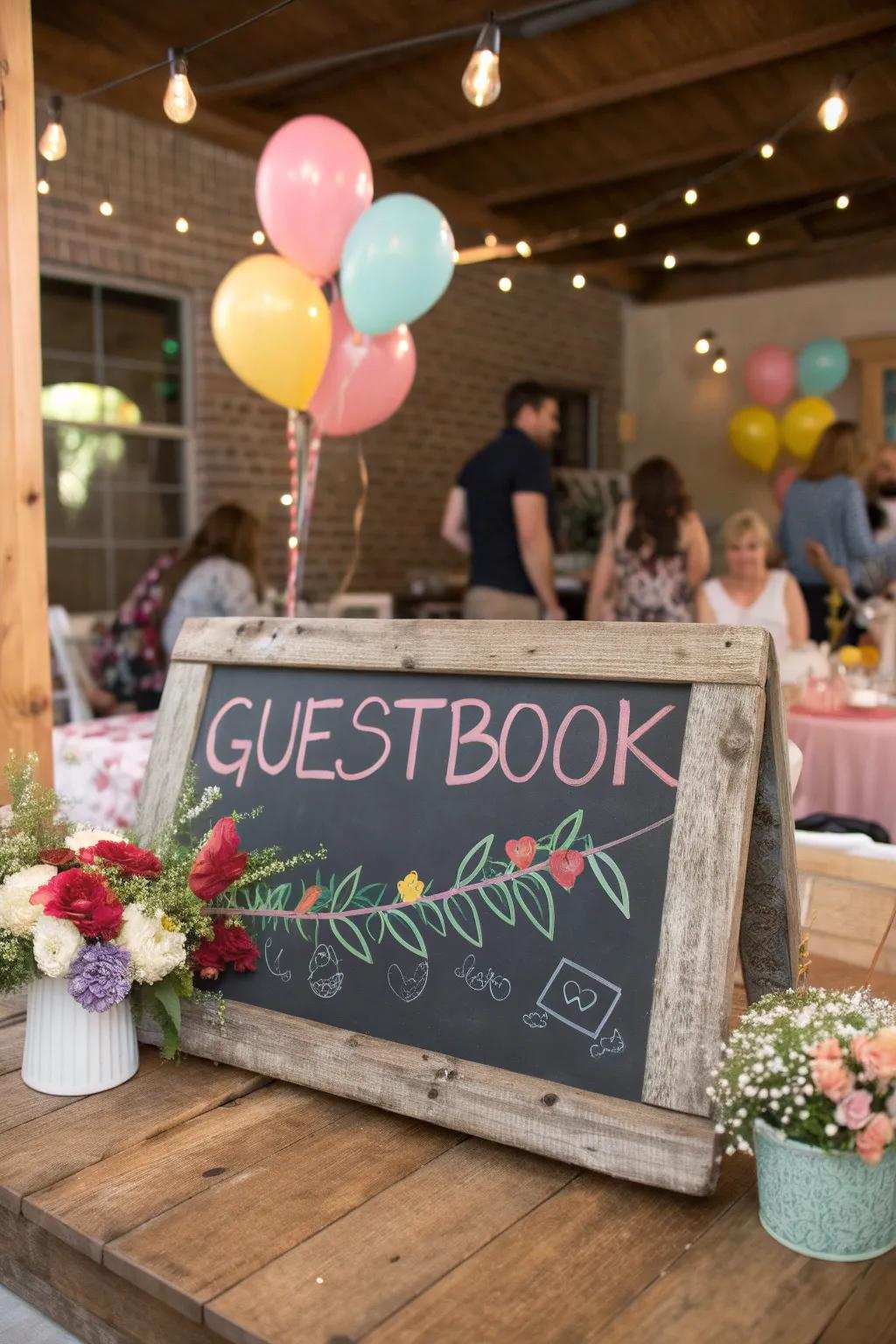 A chalkboard message board capturing heartfelt messages from guests.