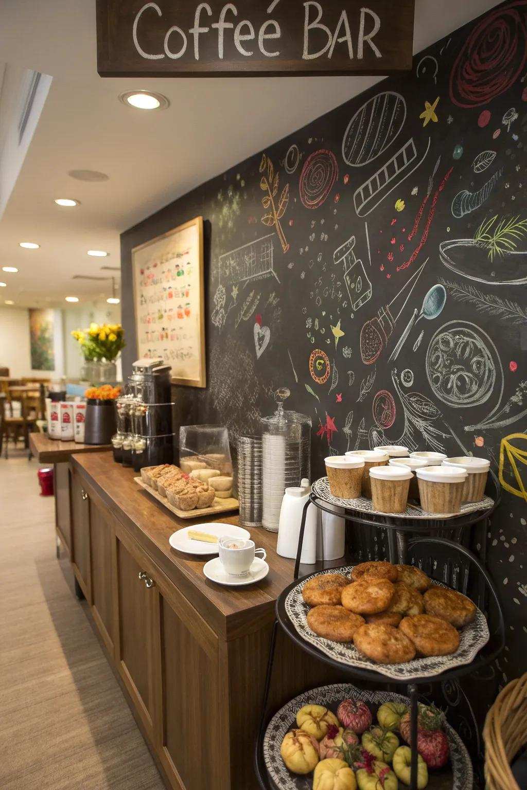 A chalkboard wall adds character and fosters interaction in your coffee bar.
