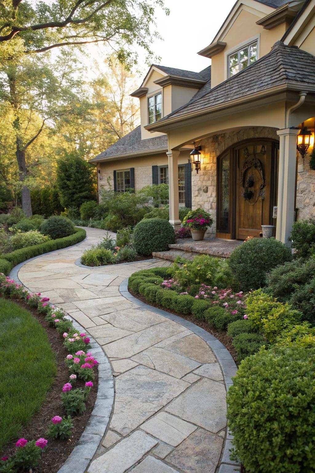 A charming stone walkway guiding guests through the garden.