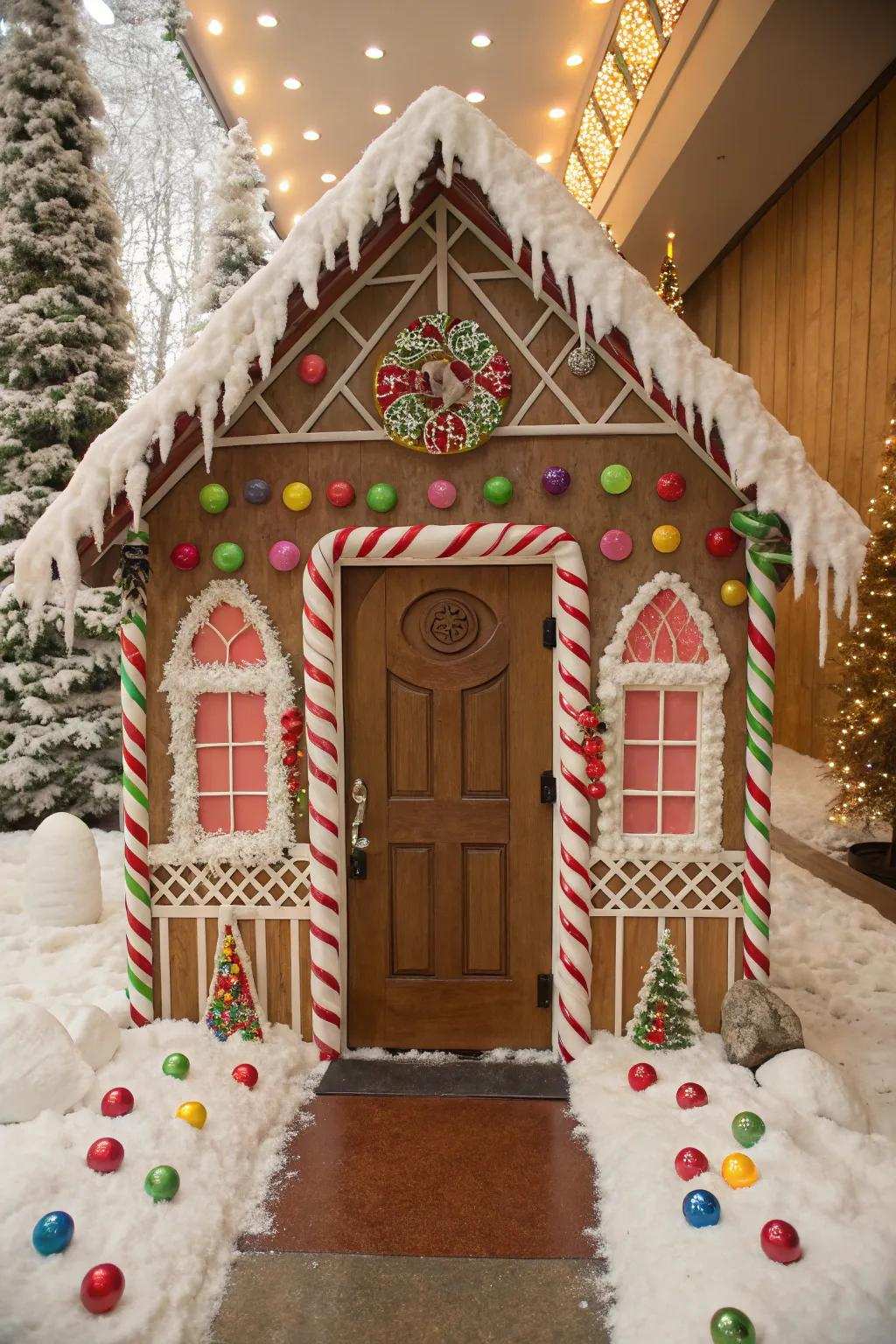A charming sweet treat cabin entrance, ideal for the holidays.