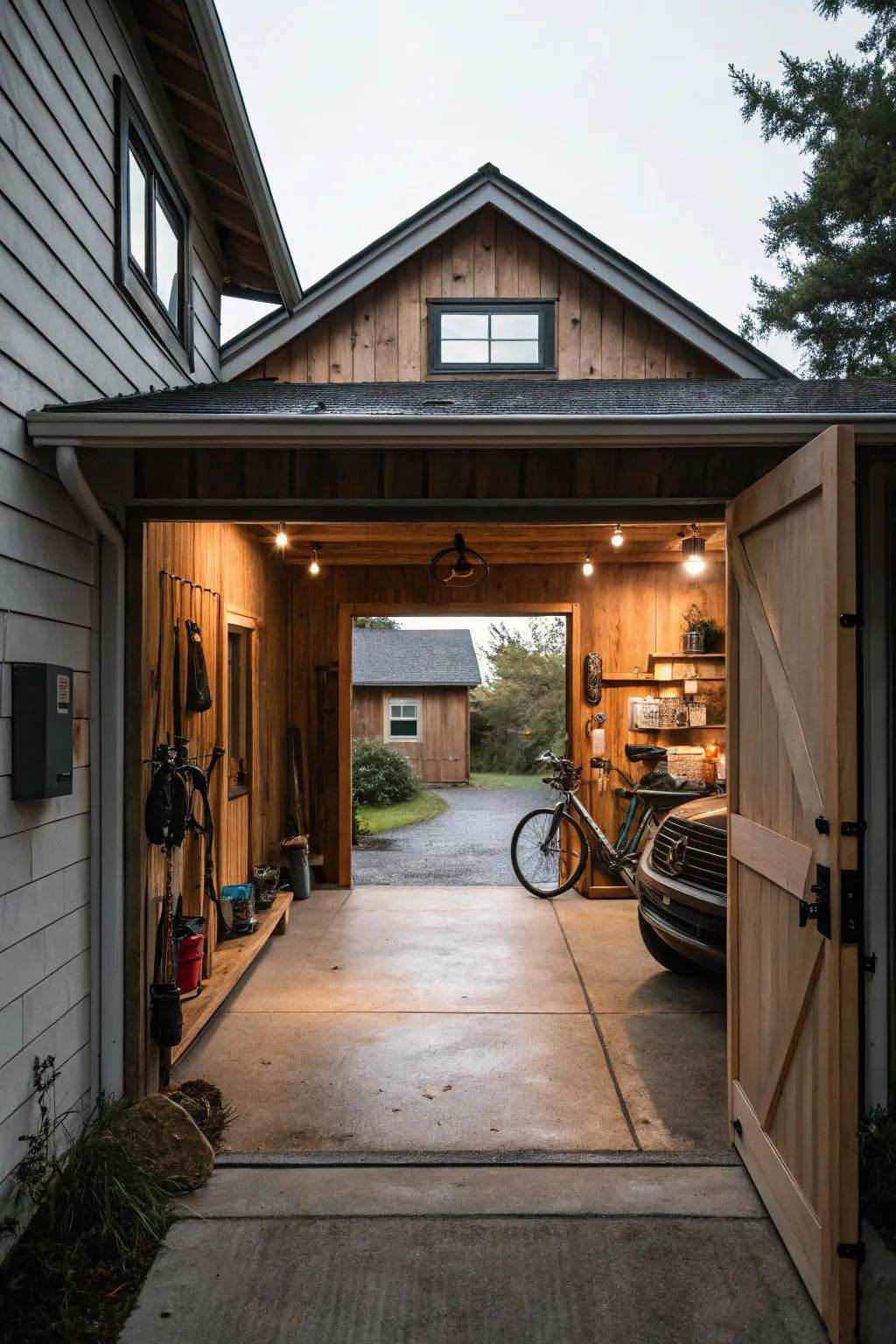 A chic breezeway offers simple access from home to the garage.