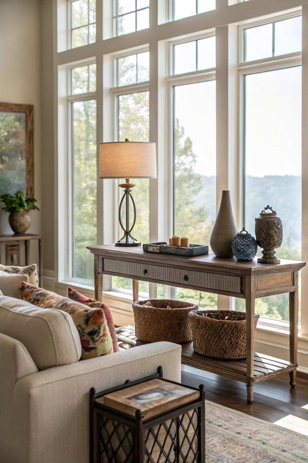 A chic display table introducing functionality and style to the window area.