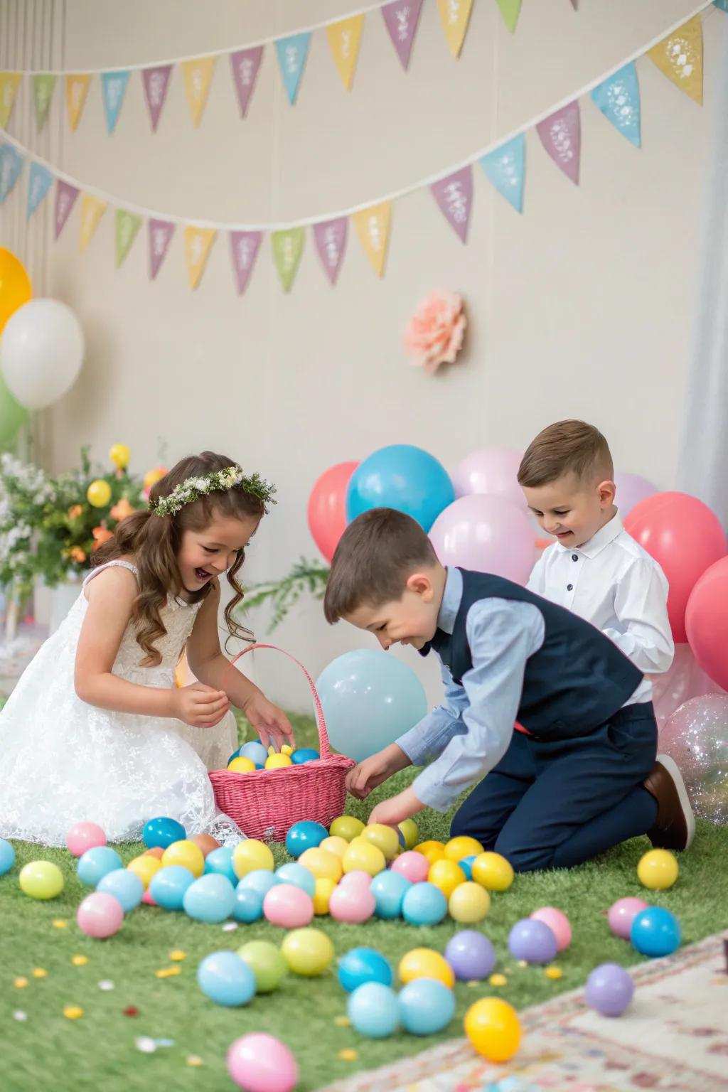 A children's space at a wedding featuring Easter egg embellishment and a miniature egg scavenger hunt.