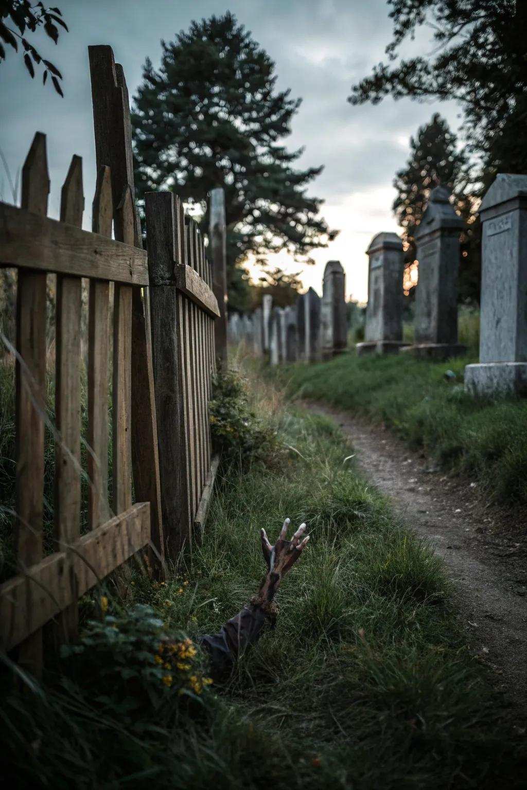 A chilling burial ground display with zombies rising from their tombs.