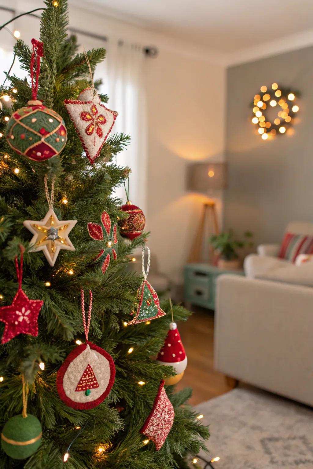 A Christmas tree featuring gentle textile ornaments.