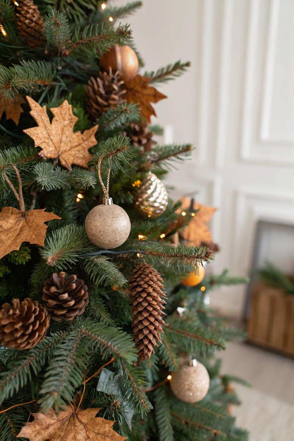 A Christmas tree featuring natural decorations.
