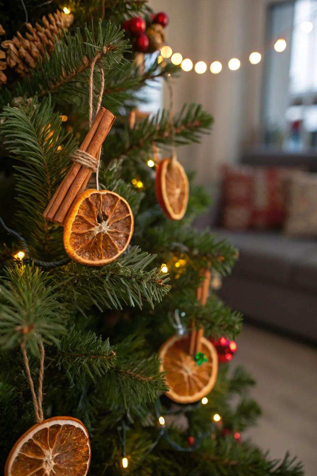 A Christmas tree featuring wonderfully scented decorations.