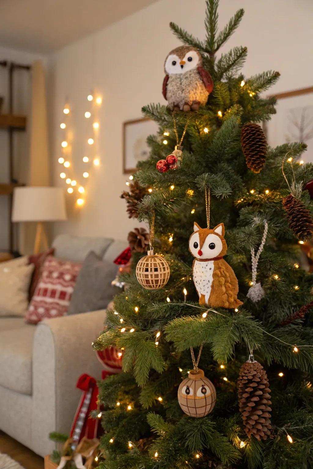 A Christmas tree that showcases woodland creature decorations.