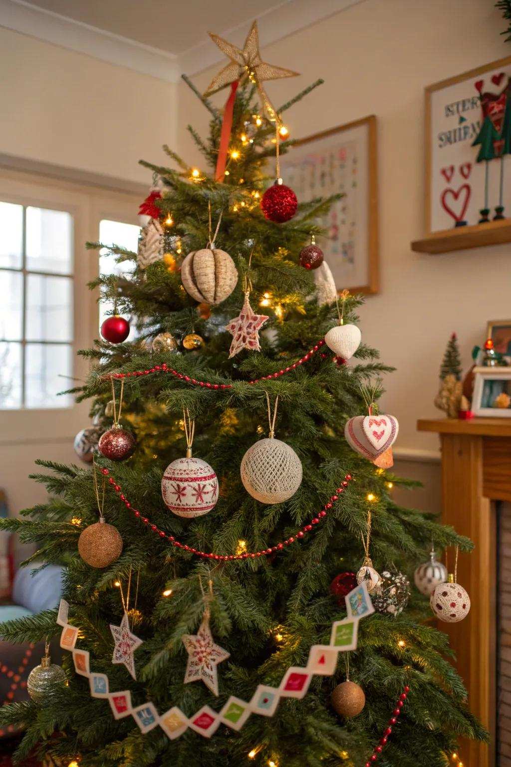 A Christmas tree that's decorated with handcrafted decorations.