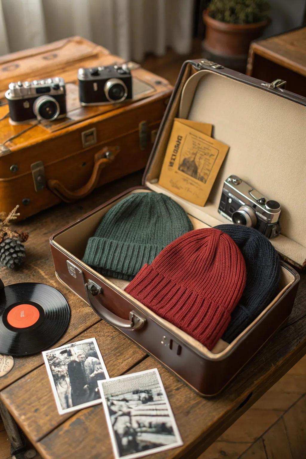A classic bag adds a fun touch to your head hugger display.