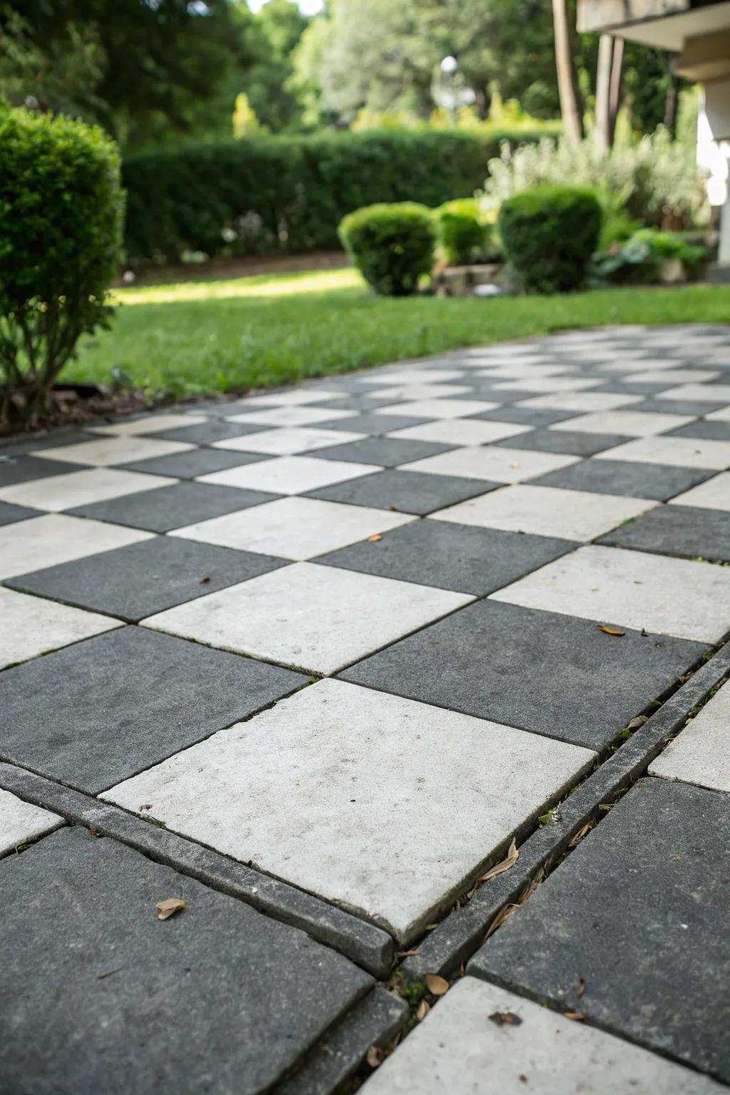 A classic black and white checkerboard patio design.